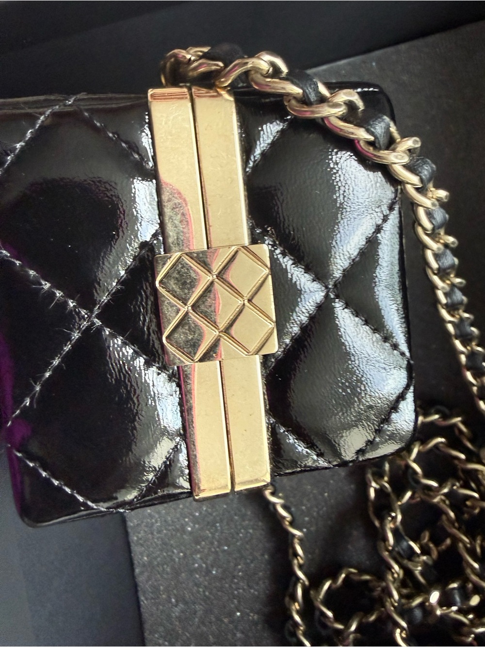 Chanel Quilted Patent Mini Crossbody Bag in Black with Gold Hardware 23C